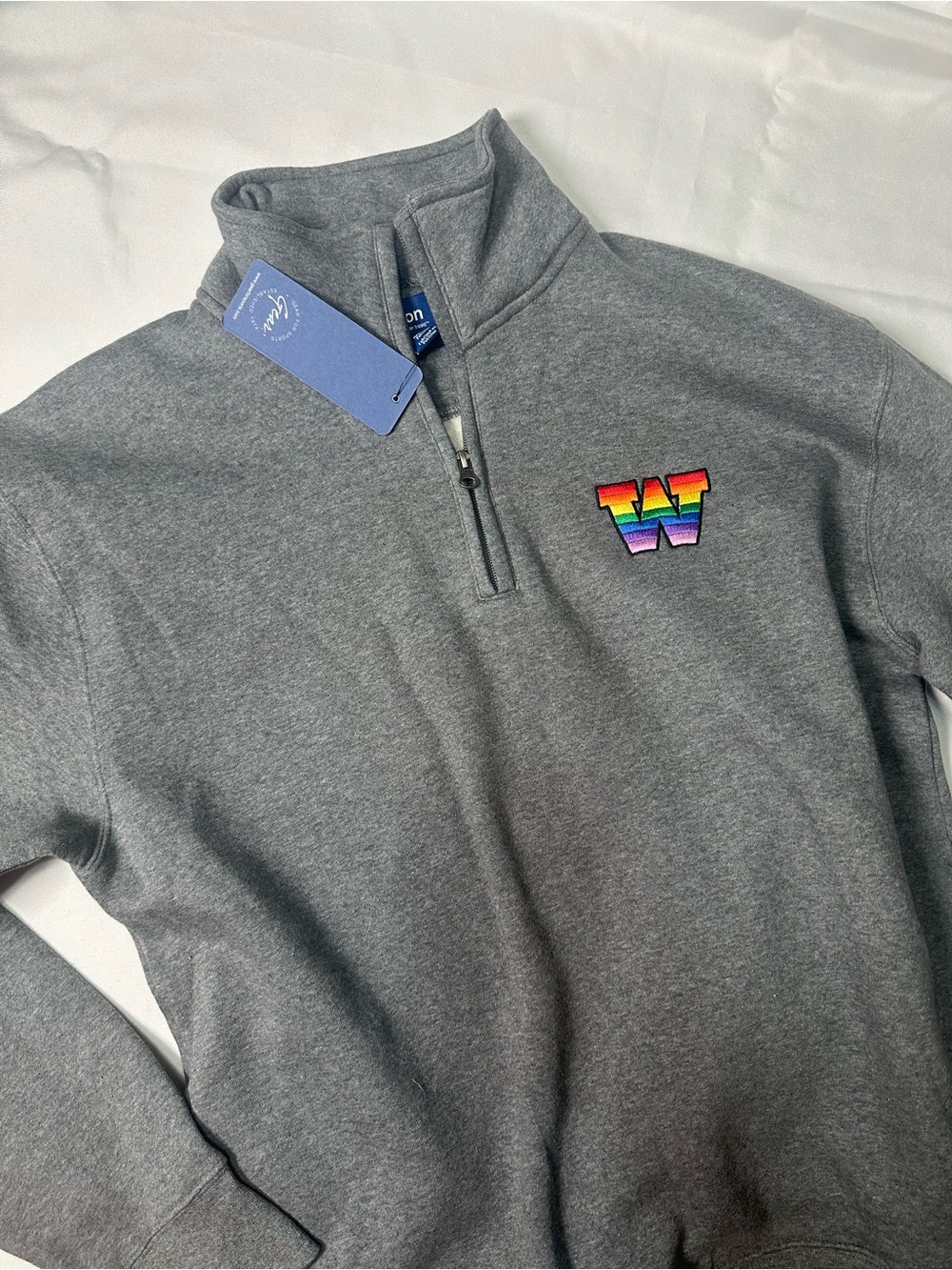 Men’s Gray Quarter-Zip Big Cotton Sweatshirt with Rainbow 'W' Embroidery